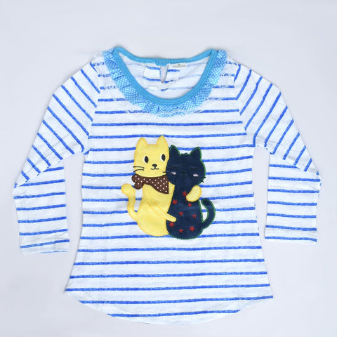 Kids Long Sleeve Stripe Blue Frilled Neckline Applique Tee Shirt (1 to 5 Years)