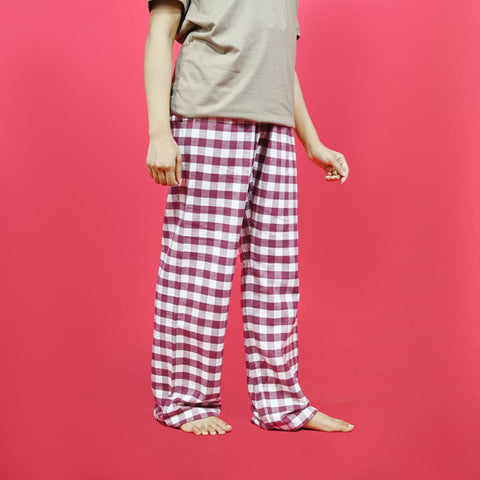 Unisex Checked Loungewear Comfy Soft Maroon Cotton Trouser