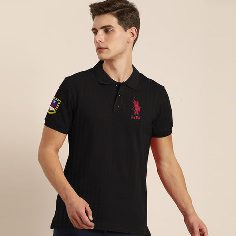 Textured Fabric Iconic Black  Cotton Polo For Men