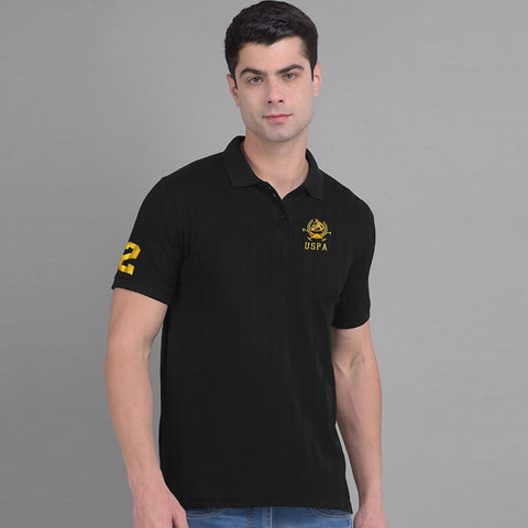 Textured Fabric Black Elite Cotton Polo For Men