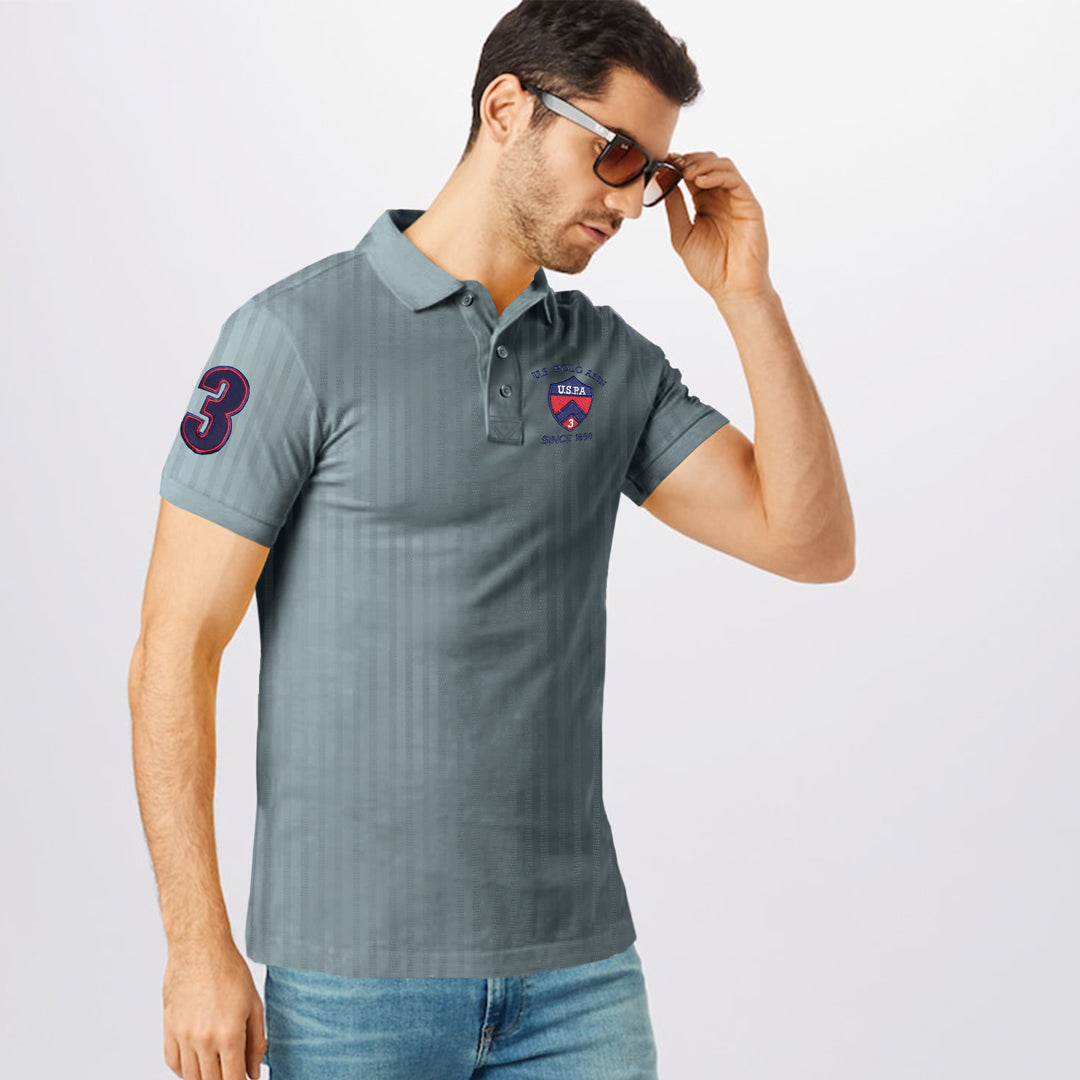 Textured Fabric Silver Grey Premium Cotton Polo For Men