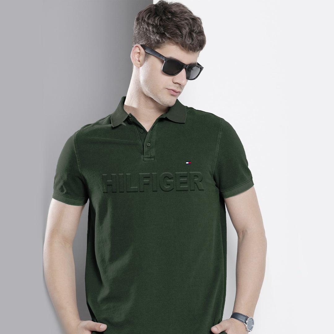 Embossed Logo Battalion Green Cotton Polo For Men