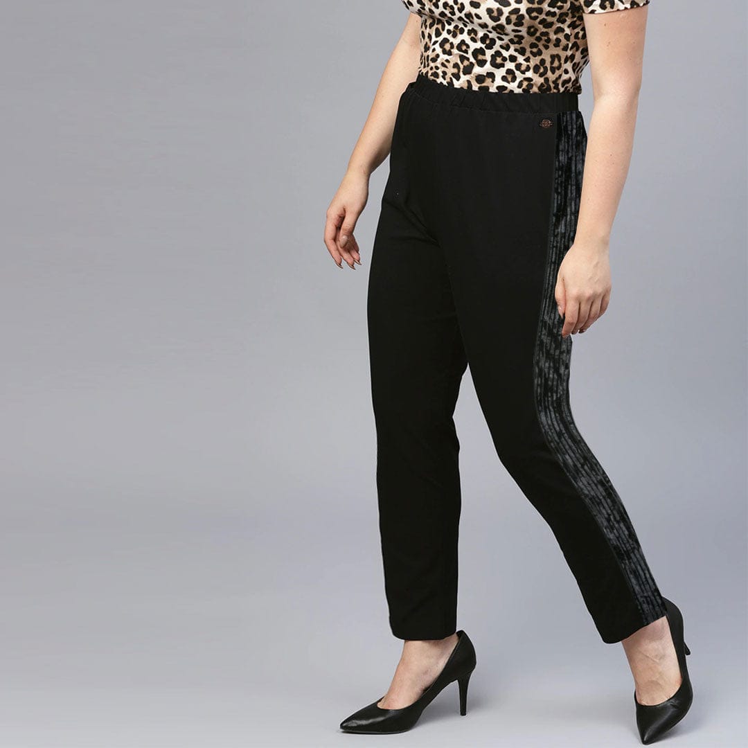 Women Velvet Panel Side Stripe Black Trouser (W-32 TO W-38)