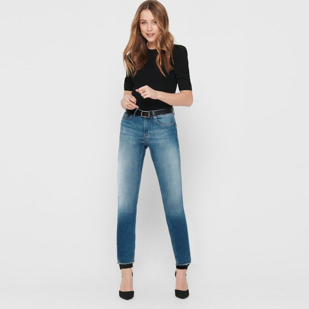 WOMEN RIPPED BOTTOM MID RISE PRUSSIAN BLUE DENIM (WAIST 26 TO 36)