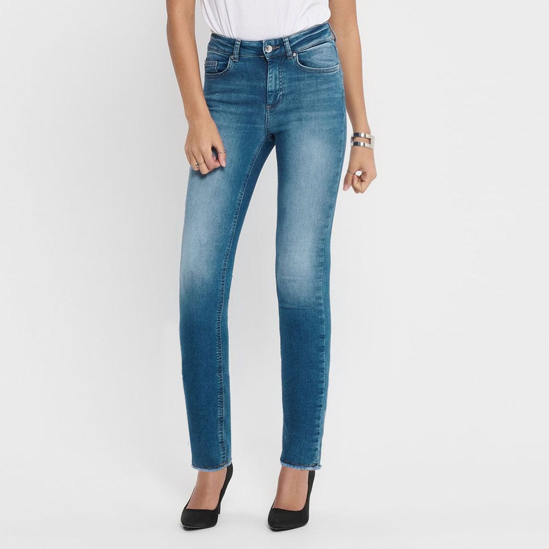 WOMEN RIPPED BOTTOM MID RISE STEEL BLUE DENIM (WAIST 26 TO 36)